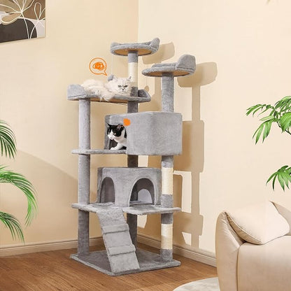 Made4Pets Cat Tree 54in Cat Tower for Indoor Cats Kitten Tree Multi-Level Cat Tree with 2 Condo Furniture Activity Center with Scratching Posts Funny Toys Kittens Pet Play House, Light Grey