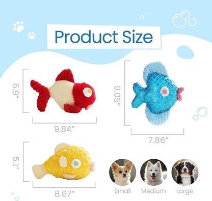 Nocciola Tough Dog Toys, Squeaky Dog Toys to Keep Dogs Busy with Two Resistant Layer & Crinkle Sound, Googly Eyed Fish Gang Puppy Teething Toys for Small, Medium, Large Breeds