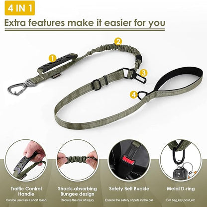 AUBELL Tactical Dog Leash Heavy Duty,4-6ft Reflective Strong No Pull Bungee Leash for Medium Large Dogs with Comfortable Padded Double Handle,Car Seat Belt,360 Degree Rotating Carabiner,Green
