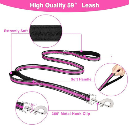 WINSEE Pet Harness Collar and Leash Set, All-in-one Reflective Dog Harness No Pull with Adjustable Buckles for Puppies, Small, Medium, Large, and Extra-Large Dogs (Medium, Rosy)