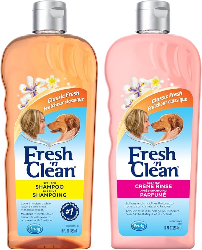 PetAg Fresh ’n Clean Scented Shampoo, Classic Fresh Scent (18 oz) + Fresh ’n Clean Scented Creme Rinse Conditioner, Classic Fresh Scent (18 oz)