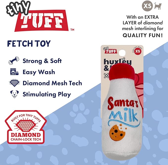Huxley & Kent Funny Dog Toy w/Squeaker – Holiday Power Plush Squeaky Dog Toys for Small Dogs – Durable Small Stuffed Animal for Indoor Play & Fetch - Tiny Tuff Santa's Milk