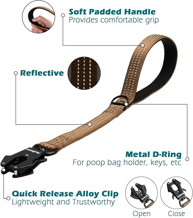 PetBonus Heavy Duty Short Dog Leash, 18 Inch Nylon Traffic Leash with Quick Release Clip, Comfortable Padded Handle, Reflective Training Lead for Medium Large Dogs (Brown, 18")
