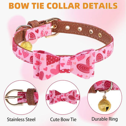 KOOLTAIL Valentine’s Day Dog Collar and Leash Set with Bowtie and Bells,Cute Puppy Bandana Collar and Leash for Girl with Pink Heart Pattern,Soft Leather Tangle Free Leashes for Small Dogs,Cats