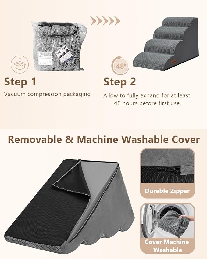 Aodisman Dog Stairs Ramp for Bed and Couch,4 Step Dog Steps for Small Dogs,Pet Stairs with Non-Slip Bottom for Old Cats,Indoor Pet Steps,Comfort,Durable,17.4" H,Grey