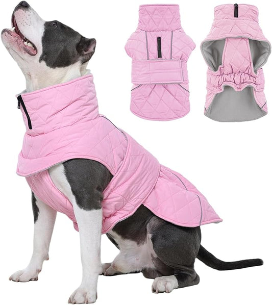 Kuoser Dog Winter Coat Waterproof Dog Snow Jacket, Warm Fleece Lined Pet Turtleneck Snowsuit Puppy Cold Weather Coats with Harness Hole, Adjustable Winter Vest for Medium Large Dogs, Pink, L