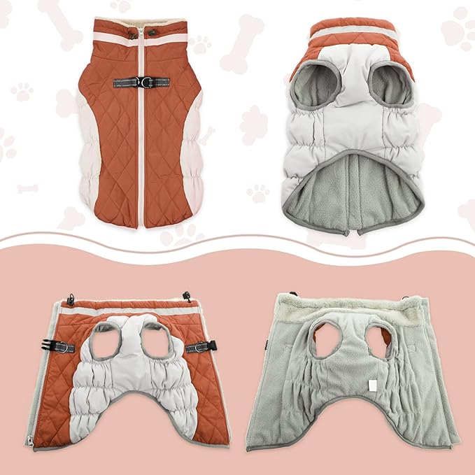 Lelepet Dog Coat Warm Dog Winter Coat Waterproof Dogs Jacket with Harness Built in Reflective Pet Fleece Vest Zip-Up Cold Weather Coats for Medium Dogs Turtleneck & Windproof Coats Dachshund Brown M