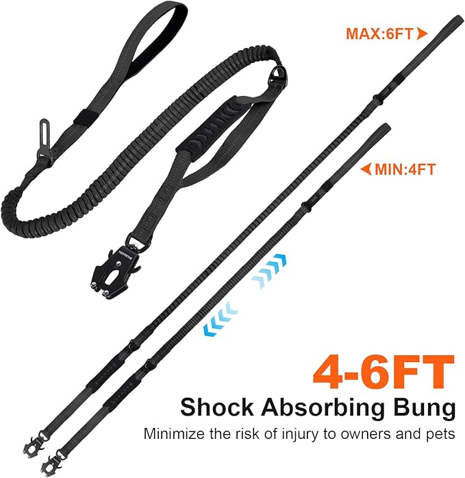 YSZYPETHE Heavy Duty Dog Leash, 4-6 Ft Shock Absorbing with Heavy-Duty Seatbelt Buckle & Dual Handles - No Bungee, for Medium to Large Dogs (Black)