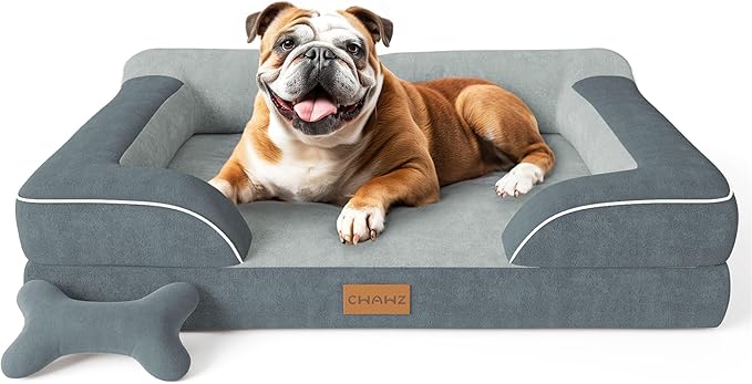 CWAWZ Dog Beds for Large Dogs, Orthopedic Dog Bed with Cooling Gel Memory Foam, Waterproof Large Pet Bed with Removable Washable Cover, 36" Pet Sofa Couch Dutch Velvet with Bone Toy, Dark Gray
