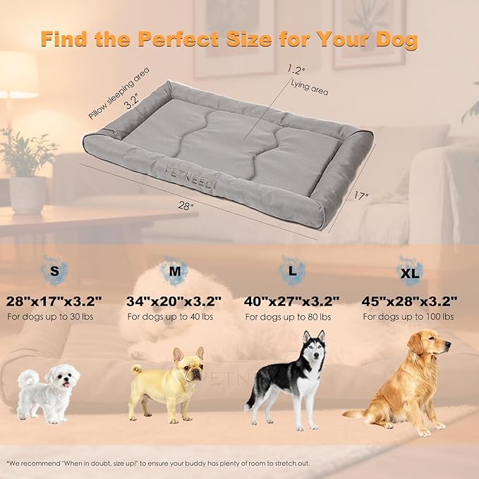 4-Season Water-Resistant Dog Beds for Metal Crates, Indoor & Outdoor Use for Dogs up to 30 lbs, Durable Oxford 900D Fabric, Plush Pillow & Supportive Foam, Washable (28 inches, Grey)