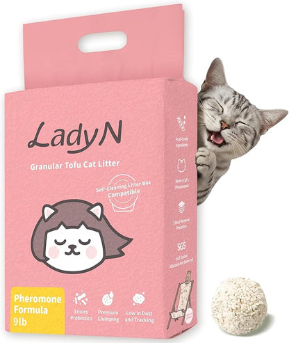 Lady N Cat Attract Tofu Litter – Natural Attractant Formula for Litter Box Training, Calming Pheromone for Multi-Cat Homes, Granular Mini-Pellet Shape for Self-Cleaning Box, 9lb