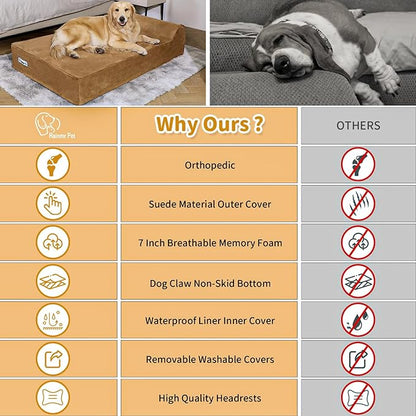 Rainmr Orthopedic Dog Beds for Large Dogs, 7" Memory Foam Dog Beds with Waterproof Liner, Durable Microsuede Cover, Removable and Washable, Nonskid Bottom, 48"x30"x7" L Khaki