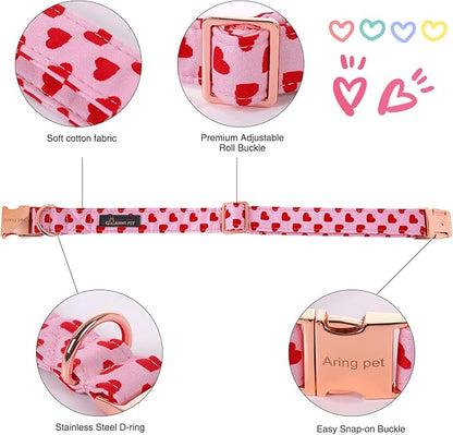 ARING PET Valentine's Day Dog Collar-Adorable Pink Heart Dog Collar with Flower, Adjustable Cotton Girl Dog Collars with Metal Buckle
