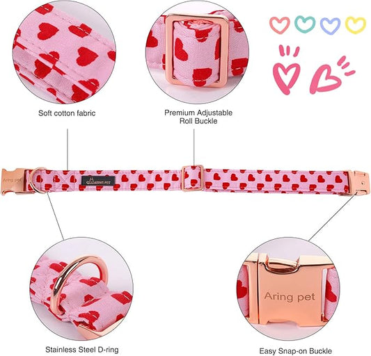ARING PET Valentine's Day Dog Collar-Adorable Pink Heart Dog Collar with Sailor Bowtie, Comfortable Girl Dog Collars with Metal Buckle