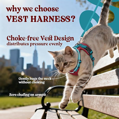 rabbitgoo Cat Harness and Leash for Walking, Escape Proof Soft Adjustable Vest Harnesses for Cats, Easy Control Breathable Reflective Strips Jacket, Red & Teal, S