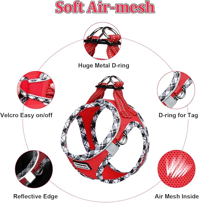 Mercano Soft Mesh Dog Harness and Leash Set, No-Chock Step-in Reflective Breathable Lightweight Easy Walk Vest Harnesses with Safety Buckle for Small Dogs, Cats (Red, XS)