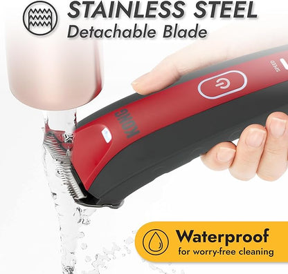 Kong 2-Speed Dog Clipper Grooming Kit – Stainless Steel Blade, Waterproof, LED Spotlight, 6 Guide Combs, 8-Foot Cord, Ergonomic Handle – Red/Gray, Medium Coat Types