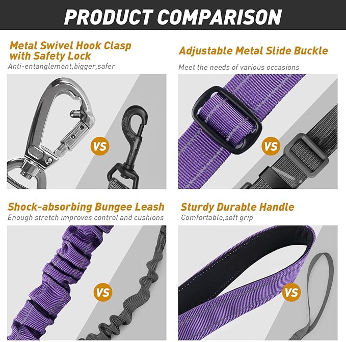 AUBELL Tactical Dog Leash Heavy Duty,4-6ft Reflective Strong No Pull Bungee Leash for Medium Large Dogs with Comfortable Padded Double Handle,Car Seat Belt,360 Degree Rotating Carabiner,Purple