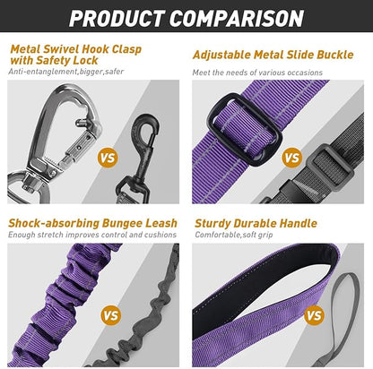 AUBELL Tactical Dog Leash Heavy Duty,4-6ft Reflective Strong No Pull Bungee Leash for Medium Large Dogs with Comfortable Padded Double Handle,Car Seat Belt,360 Degree Rotating Carabiner,Purple