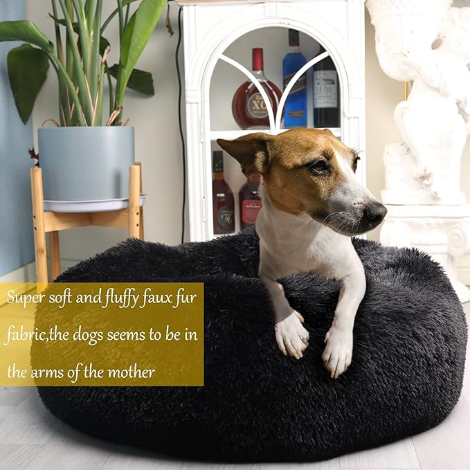 Calming Donut Dogs Beds for Medium Dogs up to 45 lb,30inch Anti-Slip Plush Round Dog Bed with Raised Rim,Fluffy Faux Fur Pet Bed for Cozy Sleep,Black