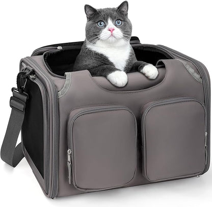 Dog, Cat Carrier for Pets Up to 15 Lbs, Airline Approved Collapsible Soft-Sided Pet Travel Bag with Locking Zippers, Breathable Mesh and 4 Large Pockets, Removable Fleece Pad (Grey)