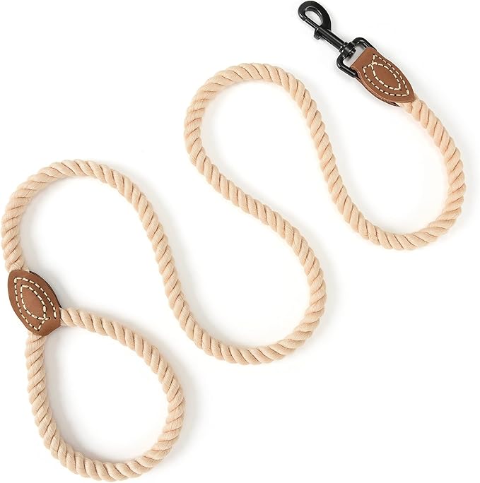Mile High Life Dog Leash, Braided Cotton Rope Leashes with Leather Tip - Heavy Duty Metal Clasp, 6FT, 1/2" Thick - Wedding, Walking & Training Leash for Small Medium Large Dogs (Light Brown)