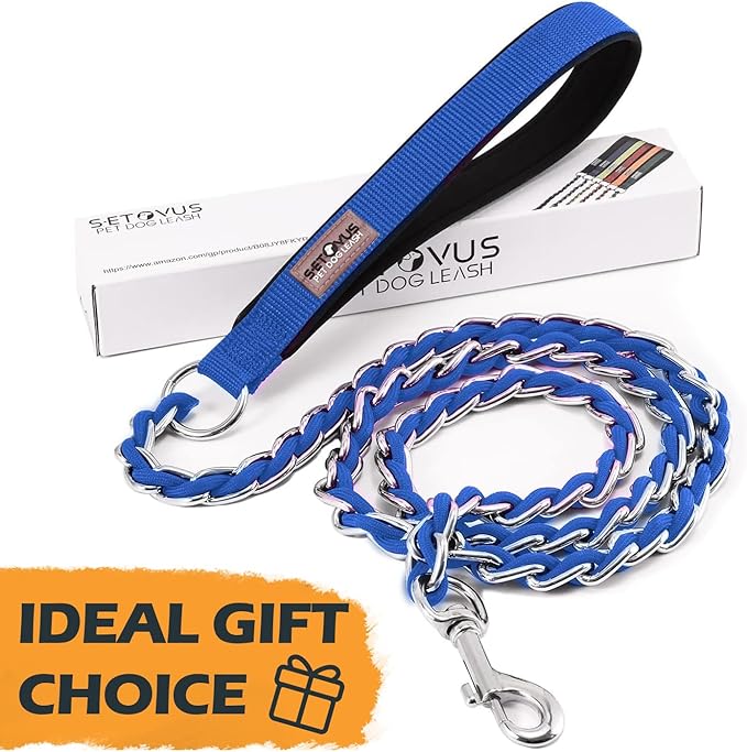 Chew Proof Metal Leash Chain Dog Leash for Medium Large Dogs, Chain Link Anti Chew 4FT Strong Anti Bite Comfortable Soft Padded Handle Blue