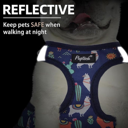 PUPTECK Dog Harness and Leash Set for Small Medium Dogs No Pull Step-in Soft Mesh Puppy Cat Vest Harnesses Reflective at Night, NavyBlue Print, M