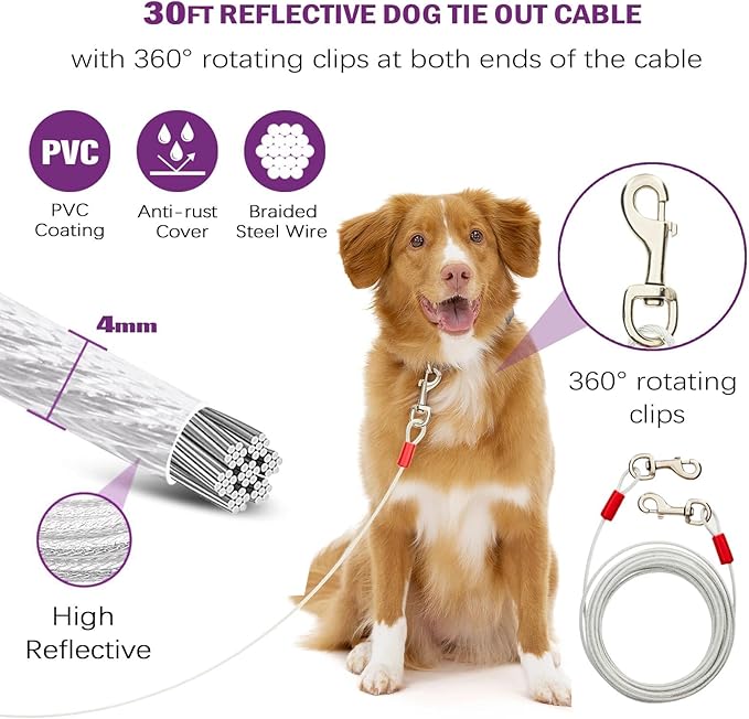 360° Swivel Dog Tie Out Cable and Stake - 30 Ft Dog Yard Leash and Stake Rust Proof for Small Medium Large Dogs - Petfect for Grass Yard Camping Outdoor