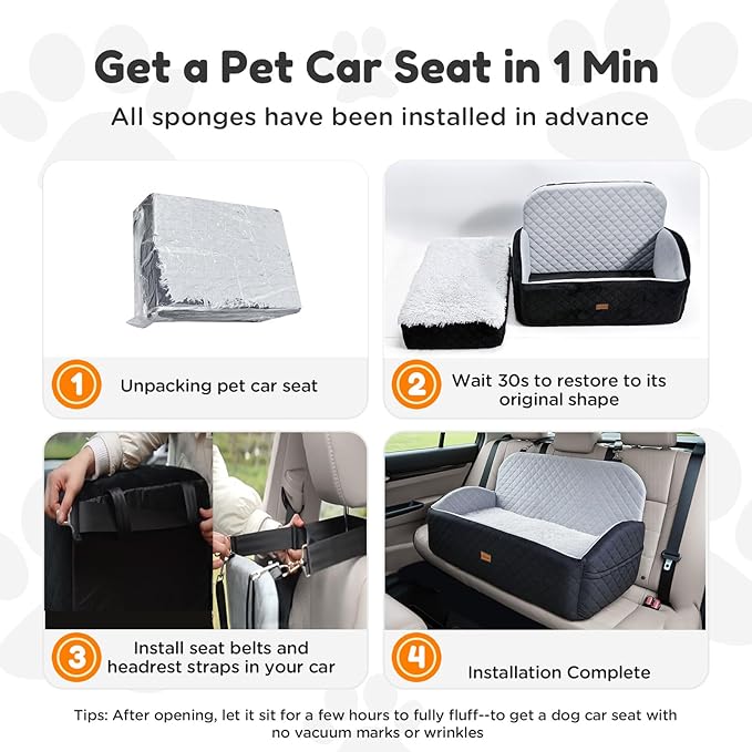 Gimars Reversible Dog Car Seat with Long & Short Plush Seat Cushion for Small/Medium Dogs Up to 60lbs, Detachable Washable Anti-Slip Dog Booster Seat with 5.1'' 28D Egg-Crate Foam, Safety Belt, L