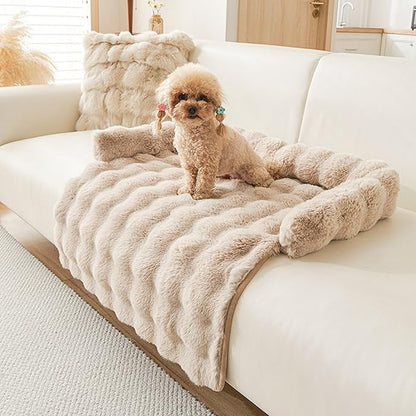 Calming Dog Bed for Couch, 29.5 x 29.5 inch, Non-Slip Rabbit-Velvet Dog Sofa Mat for Furniture Protector, Perfect for Small, Medium Dogs and Cats (Khaki)