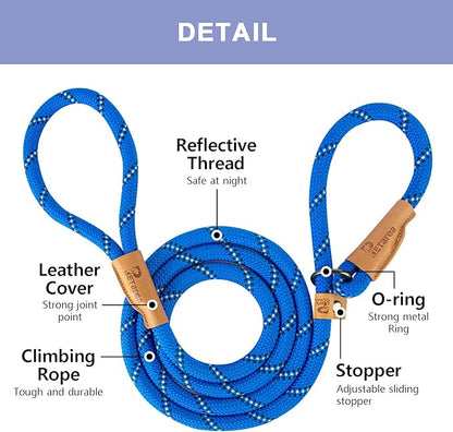 5 FT Slip Lead Dog Leash, Heavy Duty Rope Leash for Small Medium Large Dogs, No Pull Training Lead with Reflective Thread, Strong Comfortable Loop Leash (Blue Stripe, Large(1/2"))