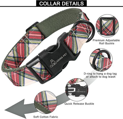 ARING PET Christmas Dog Collar, Cute Red Green Plaid Cotton Lightweight Pet Puppy Collars for Small Medium Large Dogs-L