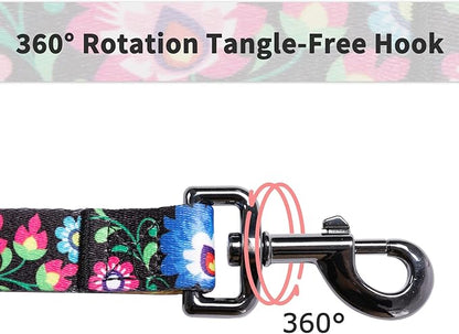 Ihoming Dog Collar and Leash Set for Daily Outdoor Walking Running Training, Black Colorful Flowers Design for Large Boys Girls Dogs Cats Pets, L-Up to 80LBS