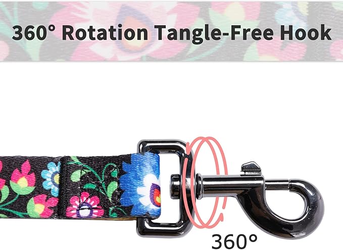 Ihoming Dog Collar and Leash Set for Daily Outdoor Walking Running Training, Black Colorful Flowers Design for Medium Boys Girls Dogs Cats Pets, M-Up to 45LBS