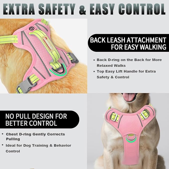 BARKBAY No Pull Dog Harness Large Reflective Dog Harness with Front Clip and Easy Control Handle for Walking Training Running with ID tag Pocket(Baby Pink & Sunlight,M)