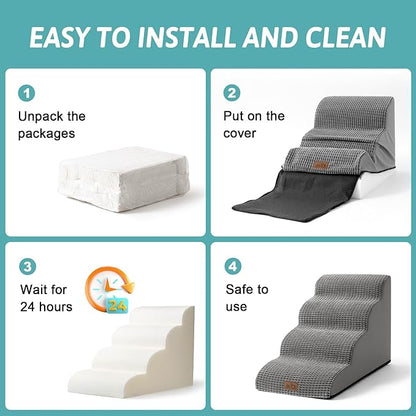 Dog Stairs for Small Dogs 15.7" H, Curved Dog Step for Puppy, Older Cat, Medium Pet Ramp for Sofa, Couch or Chair, Ladder with High Density Foam, 3 Step, 15.7x22.4x15.7 inch, Dark Grey