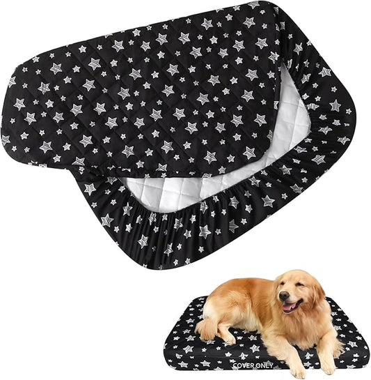 Waterproof Dog Bed Covers Replacement Washable Pet Hair Easy to Remove, Noiseless Quilted Puppy Pet Bed Cover Lovely Black Star Print 35x44 Inches, for Dog/Cat, Cover Only