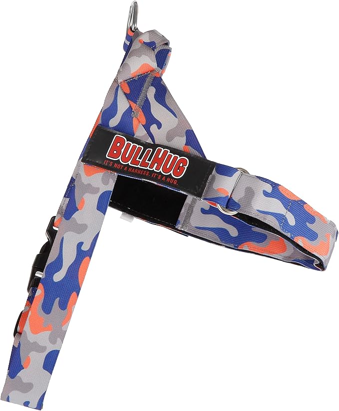 BULLHUG Adjustable Dog Harness– No Pull, No Choke – for English Bulldogs, French Bulldogs, Pugs & Broad-Chested Breeds – Easy, Safe Walks (Orange/Blue Camouflage, Large)