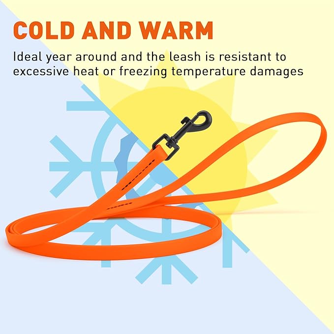 Dogline Biothane Waterproof Dog Leash Strong Coated Nylon Webbing with Black Hardware Odor-Proof Easy to Clean High Performance for Small or Large Dogs Made in USA 4 or 6 ft Lead, Hunter Orange