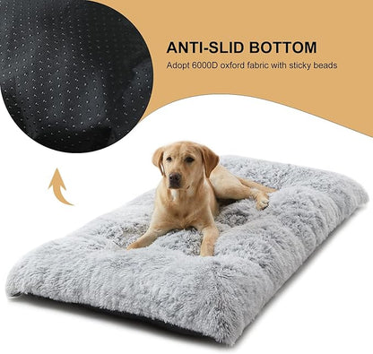 BFPETHOME Dog Bed for Large Dogs, Plush Kennel Pad for Sleeping &Ease Anxiety, Washable Mats with Anti-Slip Bottom - 53 x 36 inch, Grey