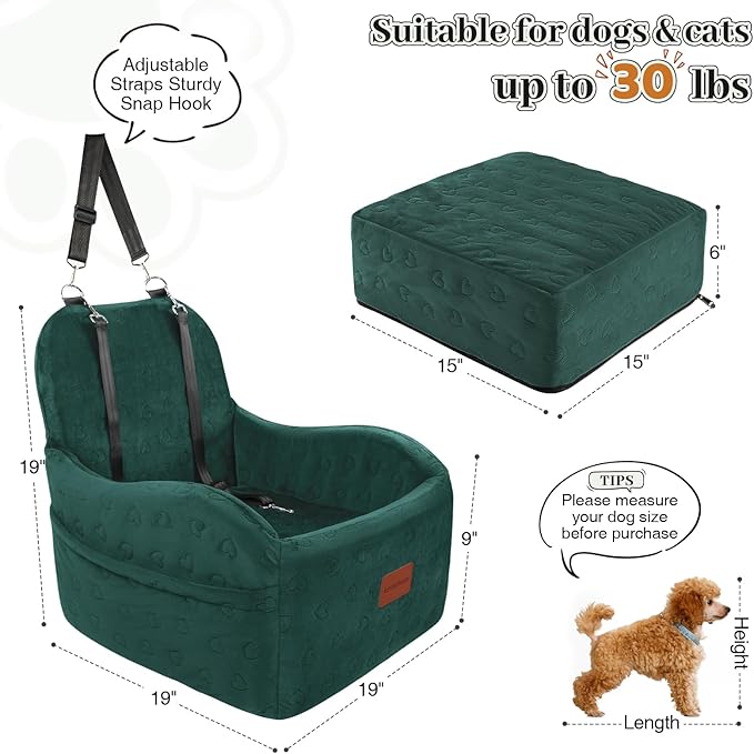 Lealchum Dog Booster Car Seat for Small/Medium Dogs,6in Elevated Cushion,Fully Detachable and Washable,2 Storage Pockets & 3 Straps,Fits in Front/Back Seat,Easy to Install (Green,Medium)