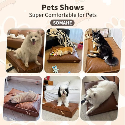 SOMAHE Dog Bed Medium Size Dog Orthopedic Beds for Small Dogs with Removable Washable PU Leather Cover Waterproof Brown 35.4×27.5×4inch
