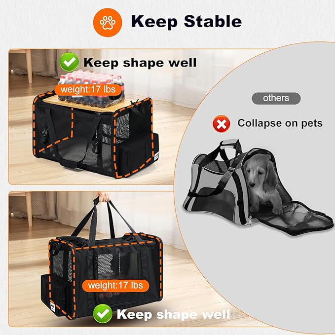pidipiti 25''(L) x 17''(W) x 17''(H) Extra-Large Expandable cat Carrier for Long Distance car Travel,for 1 Extra-Large cat / 2 Large Cats / 3 Small-Medium Cats up to 35 lbs(Black)
