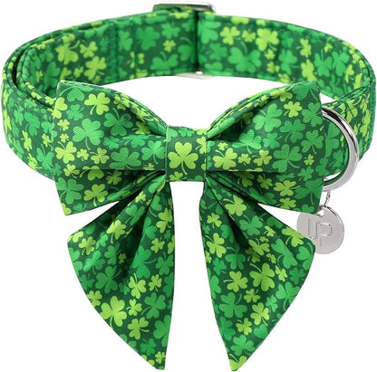 St. Patrick's Day Dog Collar with Bow Tie, Cotton St. Patrick's Day Bowtie Collar for Girl Boy Dosg, Lucky Shamrock Pet Collars with Metal Buckle, Spring, L, Neck 16-24in