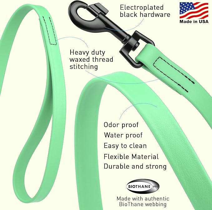 Dogline Biothane Waterproof Dog Leash Strong Coated Nylon Webbing with Black Hardware Odor-Proof Easy to Clean High Performance for Small or Large Dogs Made in USA 4 or 6 ft Lead, Sea Foam Green