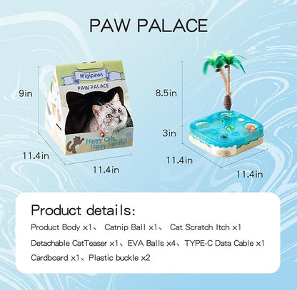 Migipaws 7-in-1 Interactive Cat Toy Motion Activated Indoor Playset with Automatic Pop Bounce Cat Ball, Feather Palm Tree Wand, Catnip Ball & Self-Grooming Cardboard House Rechargeable