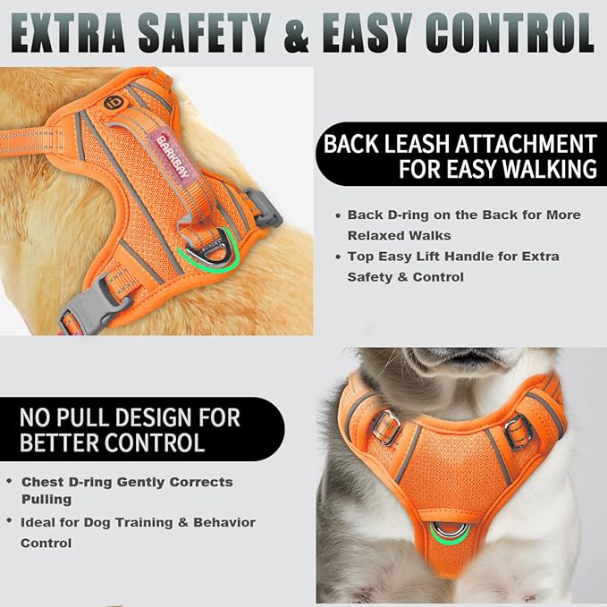 BARKBAY No Pull Dog Harness Large Reflective Dog Harness with Front Clip and Easy Control Handle for Walking Training Running with ID tag Pocket(Orange,XS)