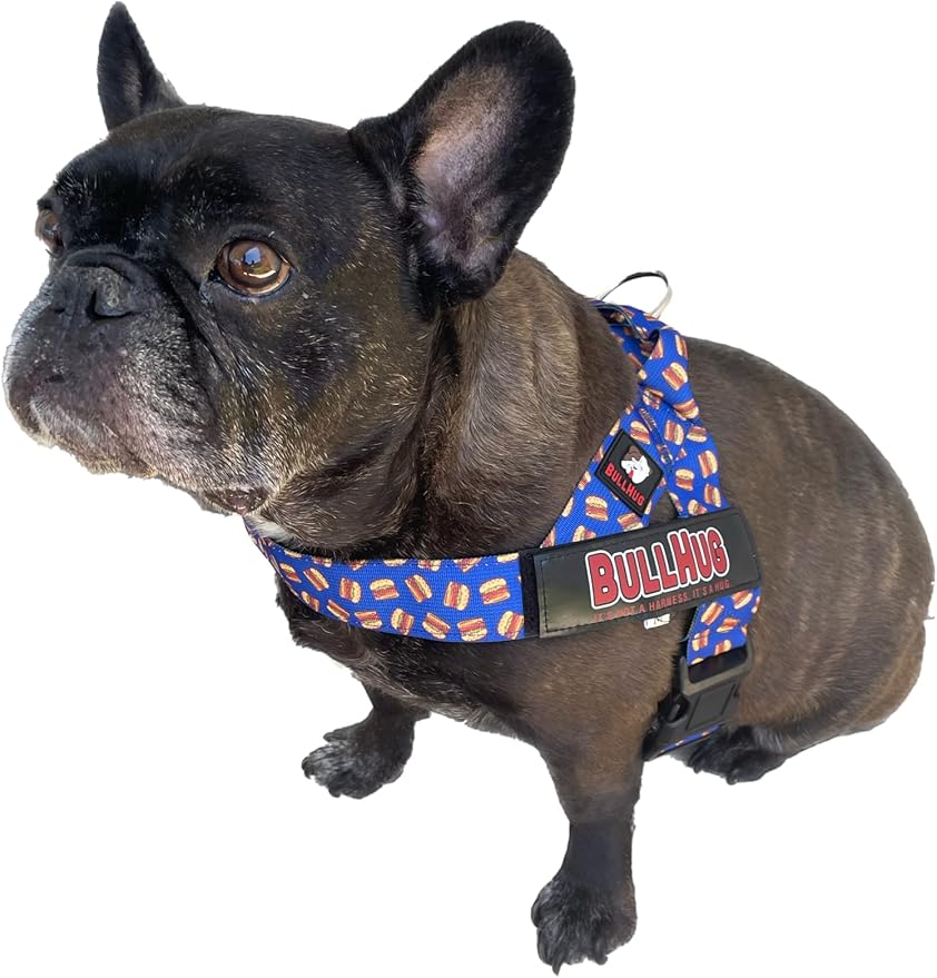 BULLHUG Adjustable Dog Harness– No Pull, No Choke – for English Bulldogs, French Bulldogs, Pugs & Broad-Chested Breeds – Easy, Safe Walks (Blue Burger, XS)