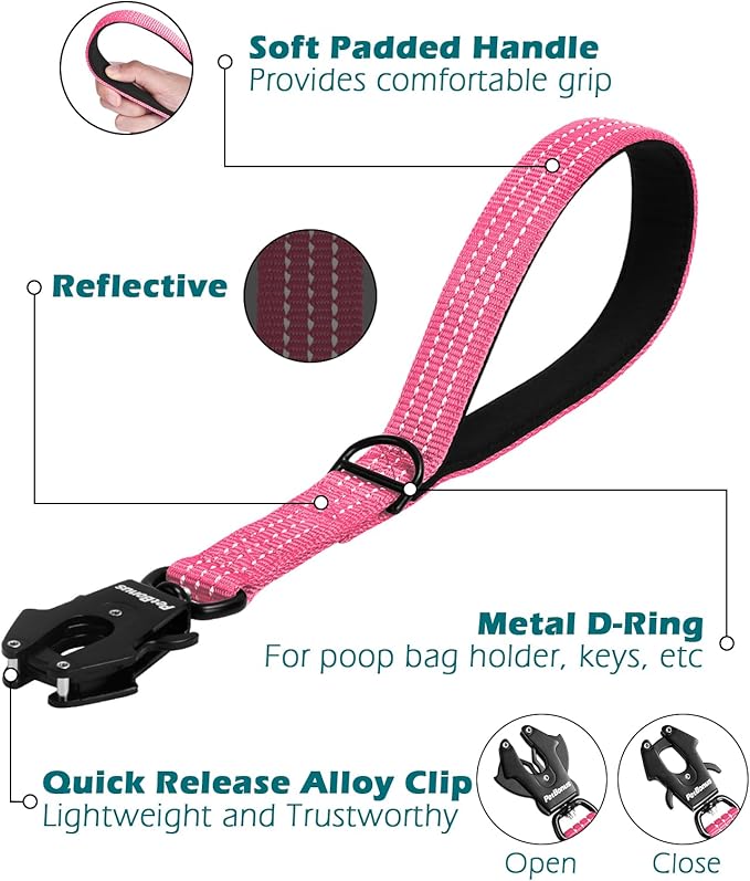 PetBonus Heavy Duty Short Dog Leash, 12 Inch Nylon Traffic Leash with Quick Release Clip, Comfortable Padded Handle, Reflective Training Lead for Medium Large Dogs (Pink, 12")